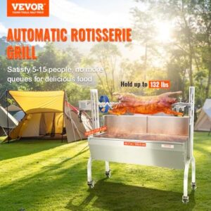 Discover the VEVOR stainless steel rotisserie grill roaster with back cover guard, perfect for camping and outdoor cooking. Accommodates up to 90 lbs of food with ease.