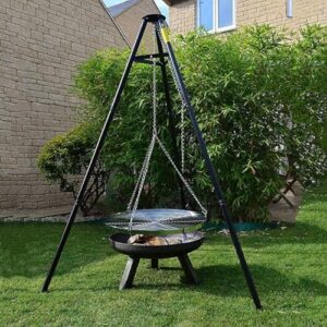 Cook up outdoor adventures with this Portable Camping campfire grill. Adjust height for perfect grilling, heavy-duty construction, and stainless steel barbecue net included. Perfect for camping trips and backyard BBQs!