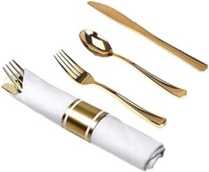 Here is the optimized meta description:

"Upgrade your table settings with this 500-pack Tiger Chef Pre-Rolled Napkin and Cutlery Set, featuring white napkins and gold heavy-weight plastic silverware with a matching napkin band. Perfect for everyday use or special occasions."
