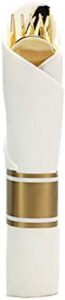 Here is the optimized meta description:

"Upgrade your table settings with this 500-pack Tiger Chef Pre-Rolled Napkin and Cutlery Set, featuring white napkins and gold heavy-weight plastic silverware with a matching napkin band. Perfect for everyday use or special occasions."