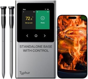 Here is the optimized SEO meta description:

"Stay in sync with your cooking with this WiFi wireless meat thermometer featuring 2 probes, LCD display and Bluetooth connectivity. Perfect for BBQ, grill, smoker or oven use."