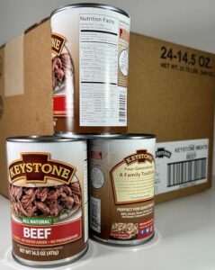 Here is the optimized SEO meta description:

"Stock up on emergency supplies with Keystone Meats All Natural Canned Beef, 14.5 Oz, fully cooked and shelf stable, perfect for survival kits or daily meals. No preservatives, gluten-free, made in USA, pack of 24."