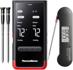 "Unleash the perfect grilling experience with our combo deal: Get a handheld meat thermometer FREE with your purchase of a wireless meat thermometer. Perfect for BBQ enthusiasts and beginners alike, monitor temperatures with ease."