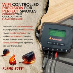 Control your grilling experience with the Smart BBQ Smoker Temperature Controller, featuring a patented variable speed fan and flame boss technology. Monitor temperatures with 2 probes for perfect results, ideal for Weber, drum, or offset smokers.