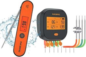 Monitor and control your grilling experience with the Inkbird WiFi Grill Thermometer, featuring instant read technology, alarm timer, graph calibration, and magnet for easy use.