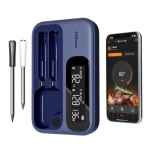 Cook with confidence using the Fitflavor WiFi Meat Thermometer, featuring dual probes and rechargeable design. Perfect for grilling, BBQ, or oven use, with accurate temperature readings.