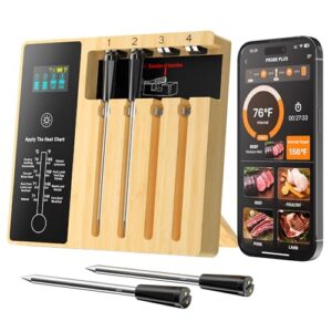 Accurately monitor your outdoor cooking with the 4 Probes Wireless Meat Thermometer, featuring waterproof and oven-safe design, instant read technology, and Bluetooth remote control for effortless grilling and smoking.