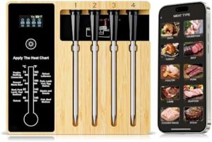 Accurate temperature control with the Smart Wireless Meat Thermometer 4 Probes, featuring Bluetooth connectivity and real-time readings from your iOS or Android app. Perfect for BBQ, grill, smoker, and more!