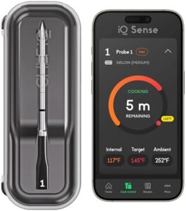 Accurate temperature control for your meals with the CHEF iQ Sense Smart Wireless Meat Thermometer. Ultra-thin probe and WiFi unlimited range for BBQ, grill, oven, smoker, or air fryer use, heat safe up to 1000°F, 5 sensors for precise results.