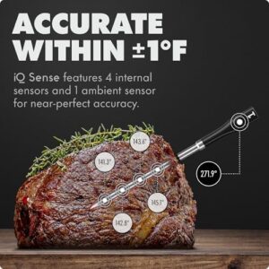 Accurate temperature control for your meals with the CHEF iQ Sense Smart Wireless Meat Thermometer. Ultra-thin probe and WiFi unlimited range for BBQ, grill, oven, smoker, or air fryer use, heat safe up to 1000°F, 5 sensors for precise results.