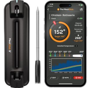 Get precise temperatures with MeatStick V Wireless Meat Thermometer, resistant to 1200°F heat, featuring unlimited range WiFi and Bluetooth connectivity for grilling, smoking, sous vide, BBQ, air fryer, oven, smoker, and kitchen cooking.