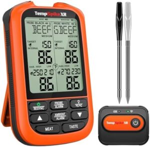 Achieve perfect doneness with the ThermoPro TempSpike 2000FT wireless meat thermometer featuring 2 ultra-thin probes for rotisserie, smoker, BBQ, grill and kitchen use.