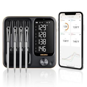 Monitor your grilled meats to perfection with the 4-Probe WiFi Wireless Meat Thermometer. This IPX8 waterproof device features a 360° readable LCD and standalone base, perfect for BBQ, grill, smoker, oven, or rotisserie use.