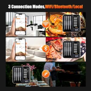 Monitor your grilled meats to perfection with the 4-Probe WiFi Wireless Meat Thermometer. This IPX8 waterproof device features a 360° readable LCD and standalone base, perfect for BBQ, grill, smoker, oven, or rotisserie use.