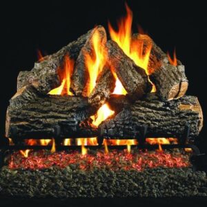 Experience the warmth and ambiance of a real fireplace with Peterson Real Fyre's Charred Oak Log Set, featuring vented propane burner and ANSI-certified G46 flame.