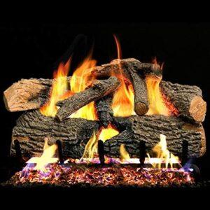 Warm up to cozy ambiance with Peterson Real Fyre's 18-Inch Charred Evergreen Oak Gas Log Set, featuring a Vented Natural Gas G52 Burner and Electronic Variable Remote for effortless control.
