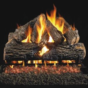 Discover the Peterson 24-inch Charred Oak Log Set, featuring a vented natural gas ANSI certified G46 burner and variable flame remote. Experience cozy warmth with this realistic log set for your fireplace or stove.
