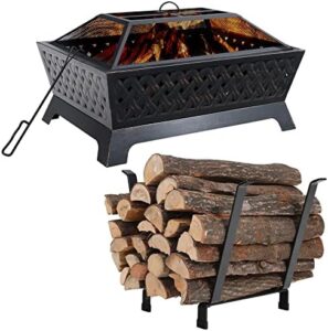 Here is the generated SEO meta description:

"Cozy up with friends and family using this 34" rectangular outdoor wood burning fire pit with firewood rack, featuring a heavy duty metal log holder, steel patio firepit with mesh spark lid grate poker for bonfire, BBQ, camping, or indoor gatherings."