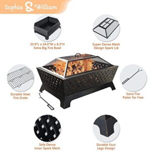 Here is the generated SEO meta description:

"Cozy up with friends and family using this 34" rectangular outdoor wood burning fire pit with firewood rack, featuring a heavy duty metal log holder, steel patio firepit with mesh spark lid grate poker for bonfire, BBQ, camping, or indoor gatherings."