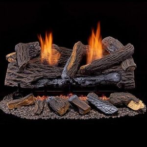 Cozy up your living space with the DLS-24T-2 Dual Fuel Ventless Fireplace Logs Set, featuring thermostat control and heating up to 1100 Sq. Ft. Perfect for natural gas or liquid propane use.