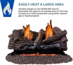 Cozy up your living space with the DLS-24T-2 Dual Fuel Ventless Fireplace Logs Set, featuring thermostat control and heating up to 1100 Sq. Ft. Perfect for natural gas or liquid propane use.