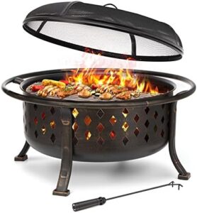 Envision cozy nights around the 36 Inch Fire Pits for Outside, featuring a heavy duty steel bronze bonfire pit with BBQ grate, spark screen, and log grate, perfect for patio gatherings and backyard adventures.