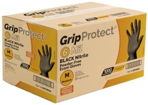 Get heavy-duty protection for your hands with GripProtect 6 Mil Black Nitrile Exam Gloves. Textured and durable for food, cleaning, law enforcement, and automotive use, these gloves offer medium size and a pack of 1,000.