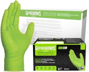 Get ready for a superior grip experience with GloveWorks HD Green Nitrile Gloves! Enjoy 8 mil thickness, medium to XXL sizes, and raised diamond grip for durability. Perfect for work or play.