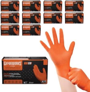Get durable protection for your hands with GloveWorks HD Orange Nitrile Gloves, featuring 8 mil nitrile material and raised diamond texture. Perfect for mechanics and DIY enthusiasts, these disposable gloves offer comfortable grip and long-lasting performance.