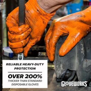 Get durable protection for your hands with GloveWorks HD Orange Nitrile Gloves, featuring 8 mil nitrile material and raised diamond texture. Perfect for mechanics and DIY enthusiasts, these disposable gloves offer comfortable grip and long-lasting performance.