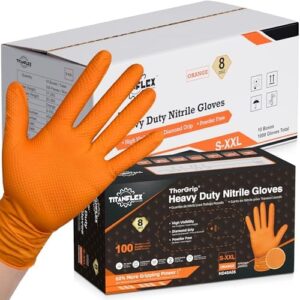 Get the ultimate grip and protection for heavy-duty tasks with TitanFlex Thor Grip Heavy Duty Industrial Orange Nitrile Gloves featuring raised diamond texture and 8-mil thickness, latex and powder free.