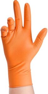 Get the ultimate grip and protection for heavy-duty tasks with TitanFlex Thor Grip Heavy Duty Industrial Orange Nitrile Gloves featuring raised diamond texture and 8-mil thickness, latex and powder free.
