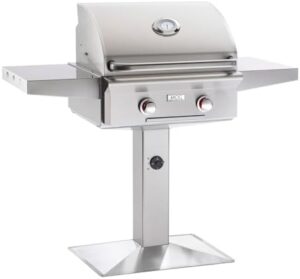 Boost backyard gatherings with the American Outdoor Grill T-Series 24" Natural Gas Grill on Pedestal, featuring porcelain-coated grates and a compact design for effortless cooking.