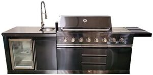 Here is the generated meta description:

"Upgrade your outdoor kitchen with this 6-burner BBQ grill featuring marble top, refrigerator, sink, side burner, and LED lights. Perfect for entertaining, includes protective cover."
