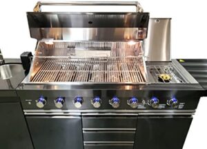 Here is the generated meta description:

"Upgrade your outdoor kitchen with this 6-burner BBQ grill featuring marble top, refrigerator, sink, side burner, and LED lights. Perfect for entertaining, includes protective cover."