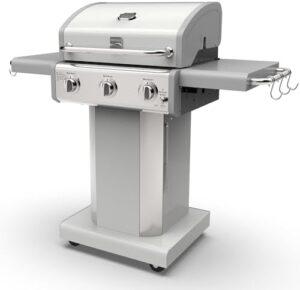 Discover the Kenmore 3-Burner Outdoor BBQ Grill with folding sides and wheels, perfect for outdoor gatherings. Boasts 30,000 BTUs of power and a pearl white finish.