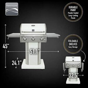 Discover the Kenmore 3-Burner Outdoor BBQ Grill with folding sides and wheels, perfect for outdoor gatherings. Boasts 30,000 BTUs of power and a pearl white finish.