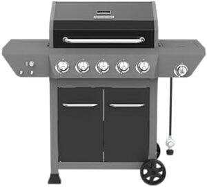 Boost your outdoor cooking experience with this 5-Burner Gas Grill featuring a side burner, 66,000 BTUs, and 753 SQ. In. cooking area, perfect for patios and more!