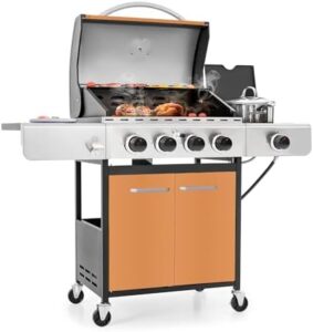 Discover the MFSTUDIO 4-Burner Propane Gas Grill with side burner and porcelain-enamel cast iron grates, perfect for barbeque and outdoor cooking. Enjoy high-output gas BBQ grills at a discounted price.