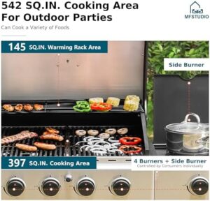 Discover the MFSTUDIO 4-Burner Propane Gas Grill with side burner and porcelain-enamel cast iron grates, perfect for barbeque and outdoor cooking. Enjoy high-output gas BBQ grills at a discounted price.