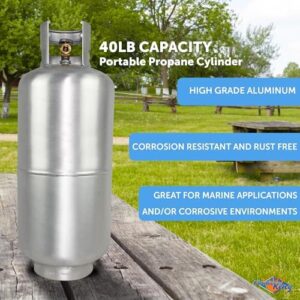 Here is the meta description:

"Upgrade your outdoor adventures with Flame King's 40LB aluminum propane tank featuring a premium OPD valve for safe and reliable use, corrosion-resistant, rust-free, and lightweight design perfect for marine applications, grills, BBQs, camping, fishing, and more."