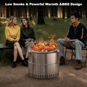 Enjoy outdoor gatherings with the 19 inch Stainless Steel Smokeless Fire Pit featuring a BBQ grill and tote bag. Perfect for camping, bonfires, or backyard events, this low smoke firepit keeps the fun going!