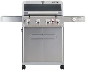 Here is the optimized SEO meta description:

"Experience outdoor grilling like a pro with Monument Grills' 4-burner propane gas grill, featuring 62,000 BTU power and a side burner. Perfect for patio gatherings, this stainless steel grill offers knob controls and a compact design."
