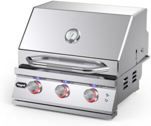 Upgrade your outdoor kitchen with the Hygrill Premium XTR 3-Burner Built In Grill, featuring a stainless steel head and LED lights. Perfect for liquid propane fueling.