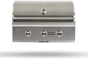 Here is the generated SEO meta description:

"Upgrade your outdoor kitchen with the Coyote Outdoor Kitchen Grill, featuring a 34-inch liquid propane grill with 3 burners and premium BBQ capabilities. Top-tier warranty included."