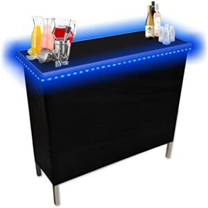 Elevate your party game with the Black Folding Portable Party Bar, featuring patented multi-color LED lights, a black skirt, and storage shelf. Perfect for events and gatherings!