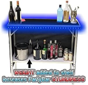 Elevate your party game with the Black Folding Portable Party Bar, featuring patented multi-color LED lights, a black skirt, and storage shelf. Perfect for events and gatherings!