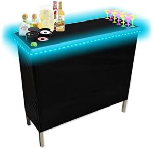 "Transform any party with this innovative folding bar featuring patented multi-color LED lights, black and Hawaiian skirts, and a storage shelf. Perfect for events and gatherings."