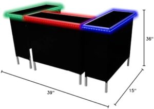 "Transform any party with this innovative folding bar featuring patented multi-color LED lights, black and Hawaiian skirts, and a storage shelf. Perfect for events and gatherings."