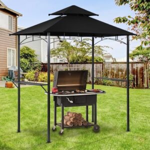 Elevate your outdoor gatherings with the Outdoor Double Tiered Grill Gazebo, featuring a BBQ patio canopy tent with pendant light and floor fixing. Perfect for parties, 64 inches wide, sturdy construction.